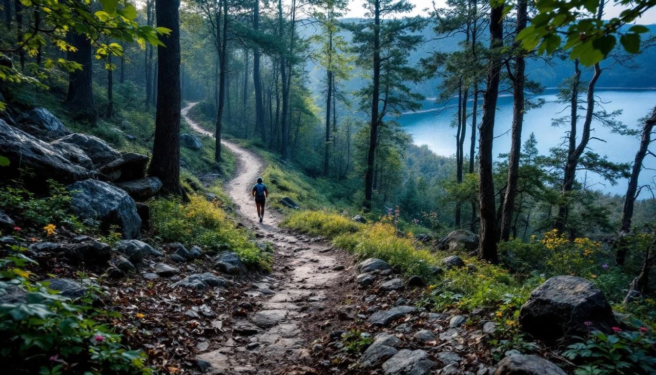Trail running course through singletrack trails in Alabama, USA