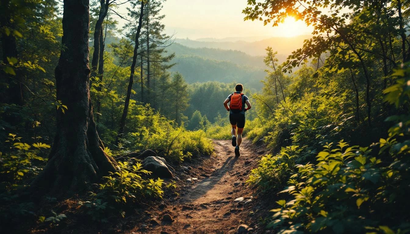 Trail running course through singletrack trails in South Carolina, USA