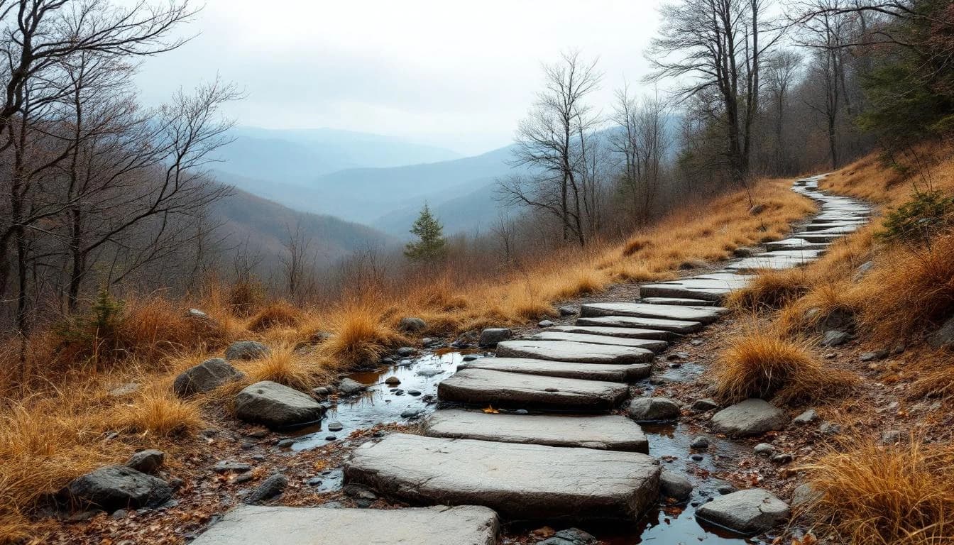 Trail running course through mixed terrain in West Virginia, USA