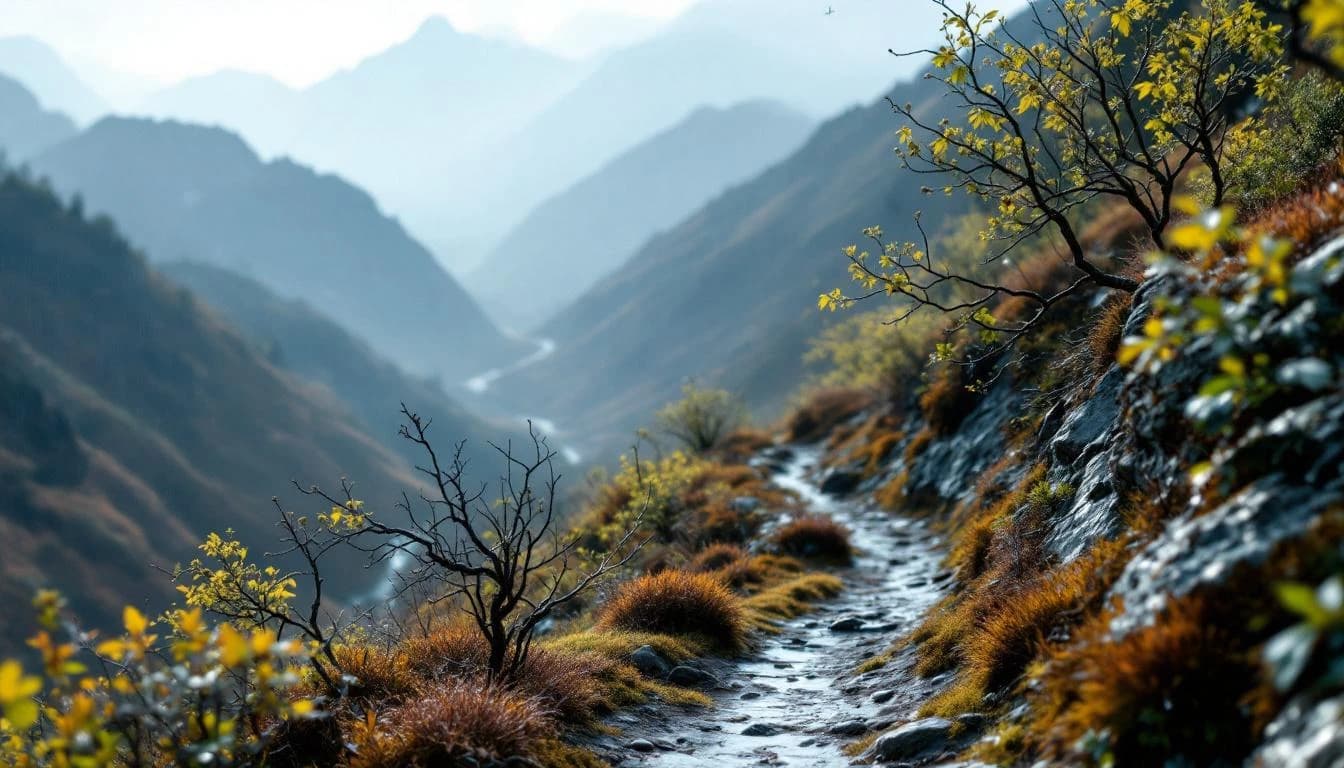 Trail running course through technical terrain in California, USA