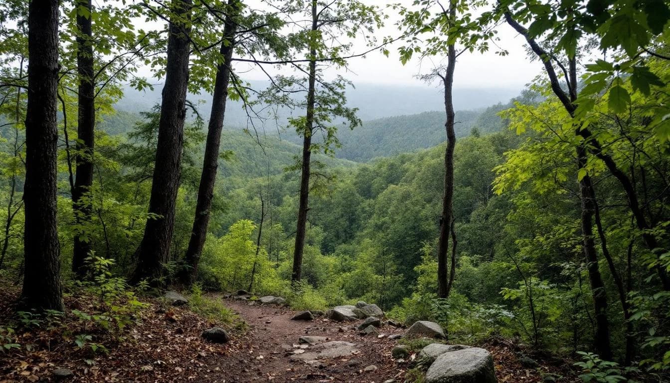 Trail running course through singletrack trails in Georgia, USA