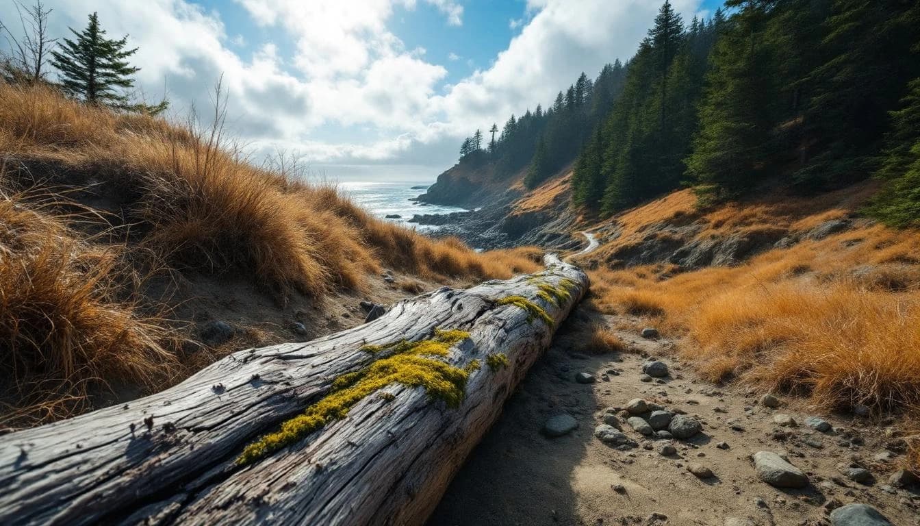 Trail running course through mixed terrain in Oregon, USA