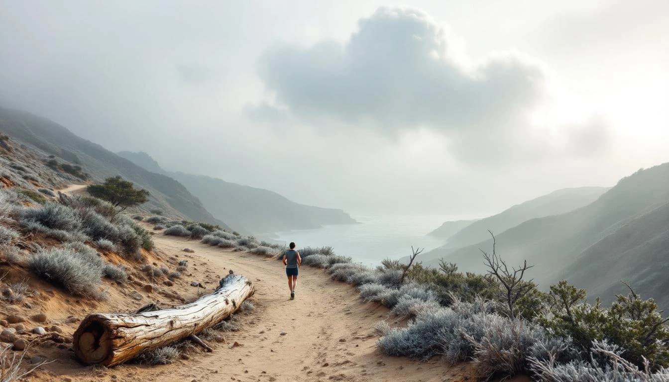 Trail running course through mixed terrain in California, USA