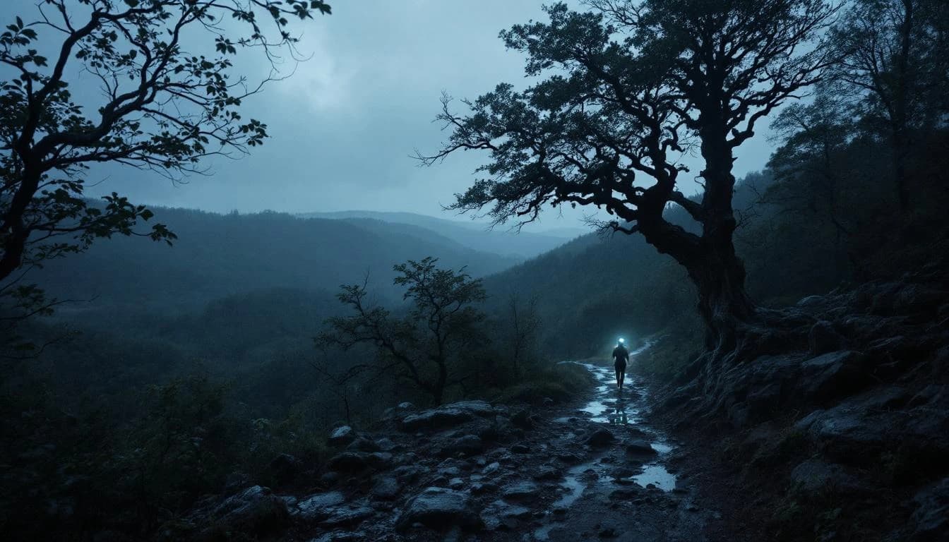 Trail running course through singletrack trails in Maryland, USA