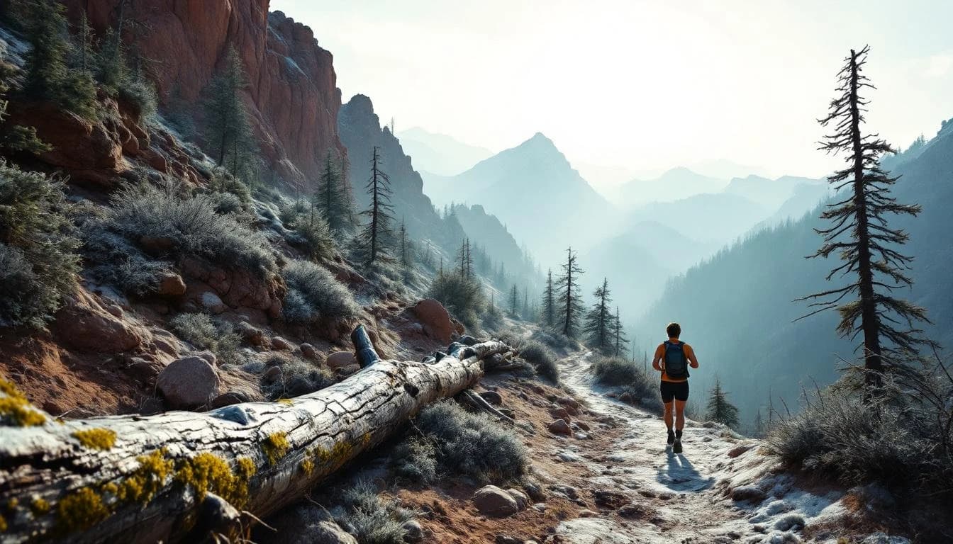 Trail running course through mixed terrain in California, USA
