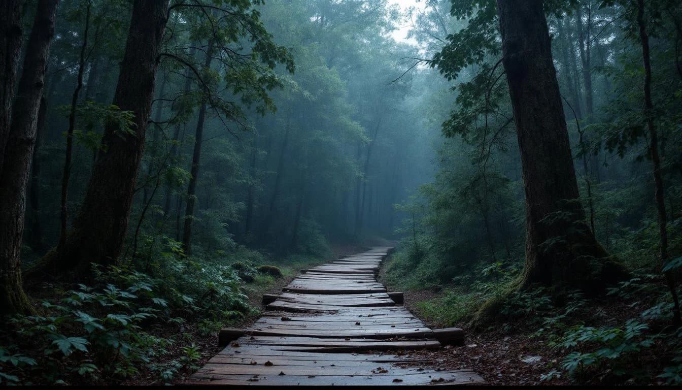 Trail running course through singletrack trails in Louisiana, USA