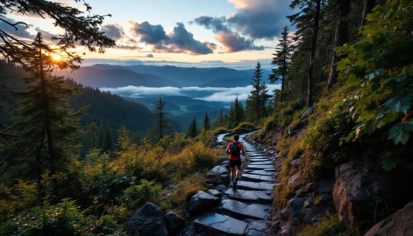 Trail running course through singletrack trails in Oregon, USA