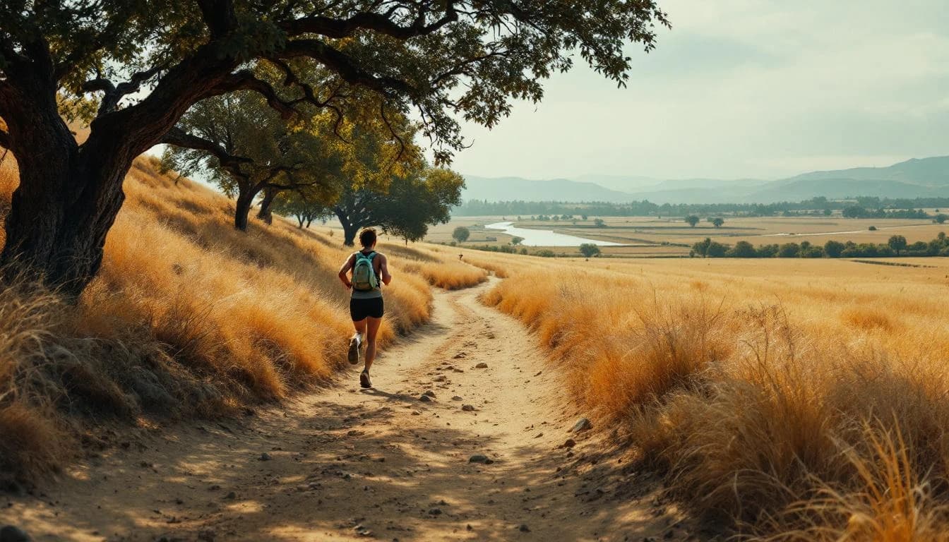 Trail running course through mixed terrain in California, USA